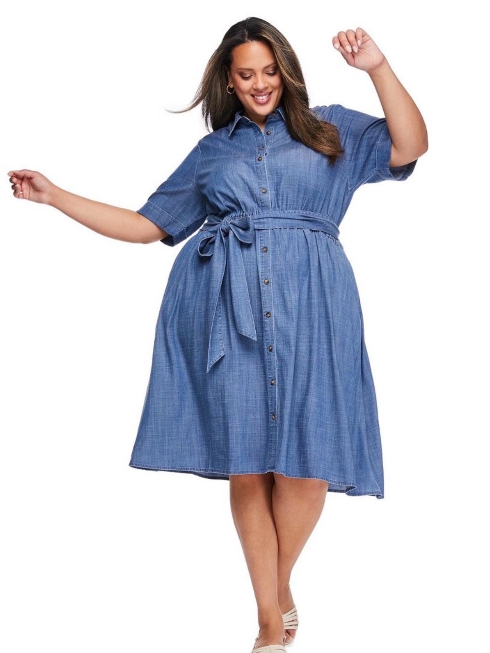 Plus Size lightweight denim Shirt Midi Dress with Tie Waist